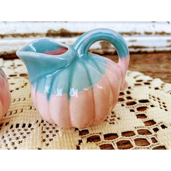 Vintage Small Melon Shaped Creamer Sugar Pink Blue - Picture 2 of 9